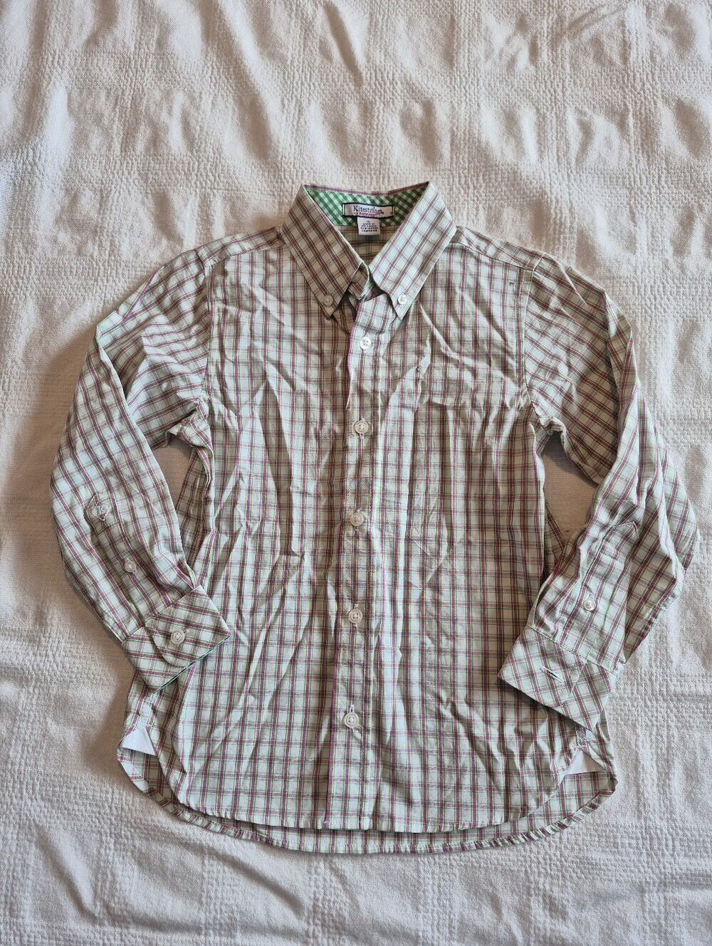 Kitestrings by Hartstrings boys size 5 white, purple, green long sleeve shirt